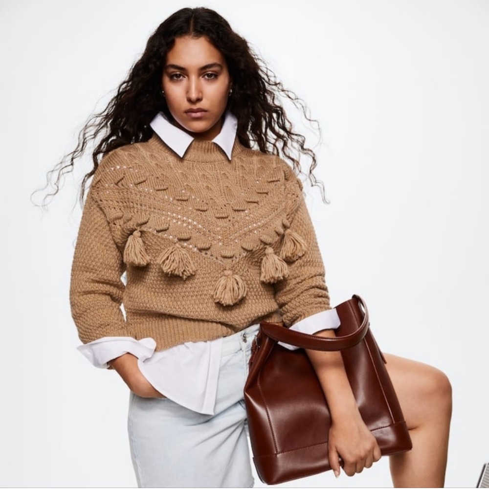 Mango wool blend Tassel Cable Knit Sweater - Camel